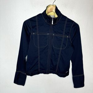 Nike Y2K Navy Blue Jacket Womens XS Yellow Collar Full Zip Mock Neck Snap Sleeve
